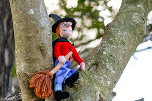 Room on the Broom witch cuddly toy sat on a tree.