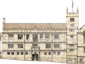 Shrewsbury Library, complete with Charles Darwin statue, as drawn by James St Clair Wade