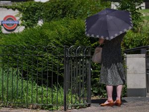 A woman shelters from the hot sun beneath a black umbrella in Green Park, London, in summer 2024