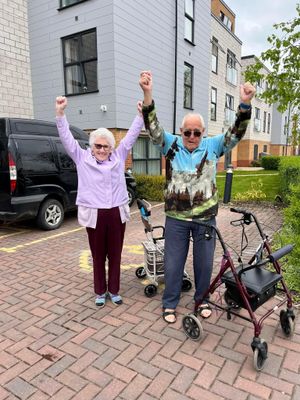 John celebrates his milestone with fellow Withywood resident Thelma Traveller