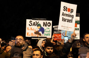 Pro Palestine protesters outside Villa Park, home of Aston Villa, before the UEFA Europa League match at Villa Park, Birmingham. The local Safety Advisory Group (SAG) opted to block Maccabi Tel Aviv supporters from attending tonight's Europa League 
