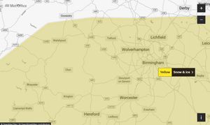 The Met Office weather warning for snow and ice that runs from 9pm on Monday until 10am on Tuesday