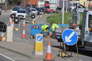 Work to repair a collapsed manhole on the A49 in Bayston Hill