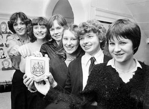 Girls from Newport Girls High School in March 1980. The caption reads: 'These girls from Newport High School won a shield for their school in competition against other sixth-formers in Shropshire organised by the British Institute of Management. From left: Susan Jennings, Susan Hodgkiss, Ruth Mary Howe, Siriol James, Diane Hinks and Gillian Tellwright. They were the only girls' team in the finals for six.'