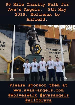 A 90-mile charity walk is taking place from Molineux to Anfield in aid of Ava’s Angels