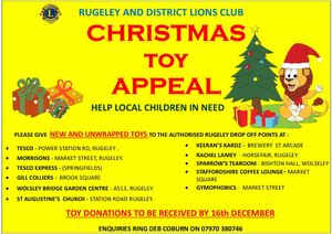 Rugeley and District Lions Club Toy Appeal, toy drop off points