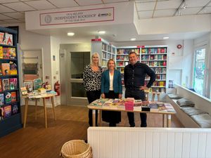 Helen Morgan MP (centre) at Booka Bookshop in Oswestry.