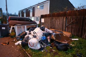 Rubbish piled up on Lawford Road in Birmingham. Birmingham agency bin workers attend rally on Smithfield depot in Birmingham on first day they join the strike with Birmingham City Council directly employed bin workers.