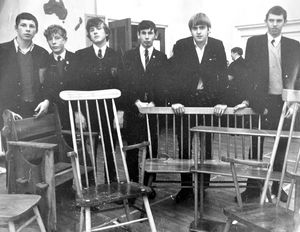Fifth year boys from Wellington Boys Modern School with furniture they had made using country craft techniques as part of their CSE examinations. This picture is dated December 1970. From left: Steve Doodson, Frank Beckett, Kevin Cartwright, Stuart Leech, Andrew Williams, and Glenn Jones. After the furniture had been used to judge their abilities they were allowed to take it home.