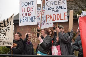 The protesters stood on the doors of the potentially doomed Walsall Leather Museum