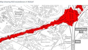 A map showing high level of nitrogen dioxide levels along the M6 motorway in Walsall. Photo: Walsall Council