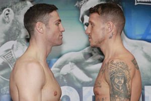 Jason Welborn (right) and Matthew Macklin go head-to-head at today's weigh in. Picture by Lawrence Lustig.