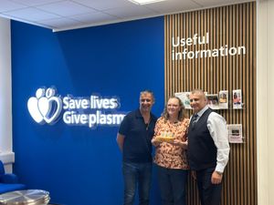 Left to right: Phil Upton, BBC radio presenter; Michelle Pouton, donated plasma recipient; Prof. Paul Cadman, CEO of Starting Point Recruitment in Walsall.