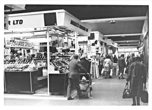 Retail Market, School Street/Salop Street. Russell's Footwear Ltd had been in the market since it opened in 1960. October 1971