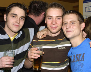 Liam Anderson, William Farquharson and Nick Butler celebrate NYE 2005 at The Harp, Bridgnorth