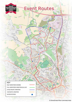 A map showing the routes of the Wolverhampton Marathon Events 2016