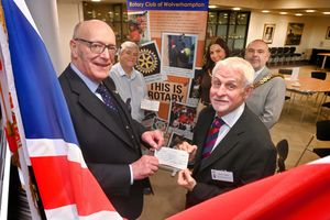 Chair of Best Foot Forward: Richard Horrell from Rotary Club of Wolverhampton and and charity recipient Derek Clarke from the MS Therapy Centre. Anthony Allen from Central Youth Theatre is  behind, and back Mayor and  Mayoress Craig and Abby Collingswood