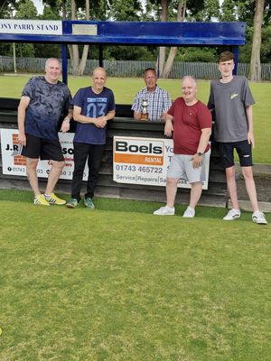 Trophy time – winners Dan Wornell & Mark Harris and (right) runners-up Carl Bowers and James Mansell with organiser Rich Jones holding the trophy