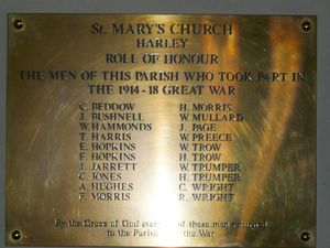 The 'Thankful Village' plaque at St Mary's Church in Harley. Photo: Harley Village.