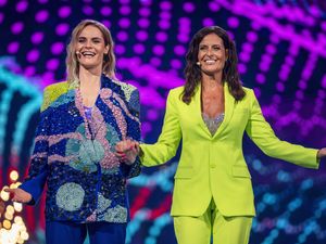The hosts of the 2025 Eurovision song contest in a rehearsal