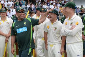 Australia's Darren Lehmann (second left) shares a laugh with David Warner (second right)