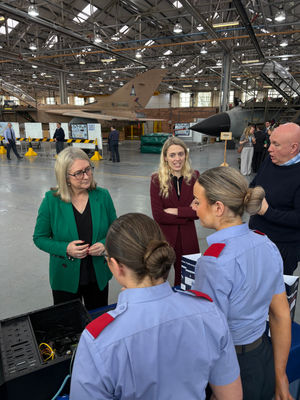 Jacqui Smith, and Minister for Veterans and People, Louise Sandher-Jones, during a visit to RAF Cosford in Albrighton, to make an armed forces youth recruitment announcement