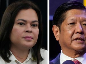 A composite image of Philippine Vice President Sara Duterte, left, in Quezon City, Philippines, Nov. 13, 2024, and Philippines President Ferdinand Marcos Jr in Vientiane, Laos