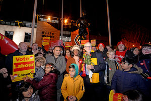 Labour supporters turned out to greet Mr Corbyn next to the Billy Wright statue