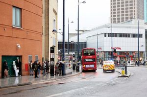 GV of the scene where a woman was stabbed in the neck in an 'unprovoked attack' at a bus stop on Smallbrook Queensway, Birmingham. November 10, 2025.   