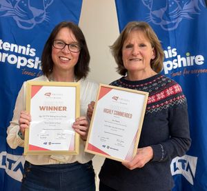 Emma Wilde (left) and Jan Deane from Age UK Shropshire Telford & Wrekin receive the awards from the LTA.
