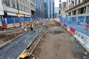 Track laying for the extension to the Midlands Metro in Snow Hill, Birmingham gathers pace.