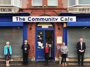 Beverley Parry-Jones, officer manager to Simon Baynes, Jason Parry, cafe volunteer since 2013, Grace Lockhart cafe manager, Stacey Murphy, cafe volunteer since 2012, and Simon Baynes MP 