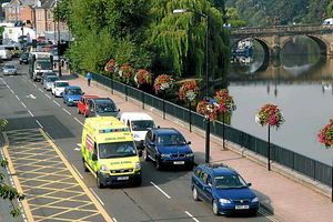 Traffic stretches back along Smithfield Road