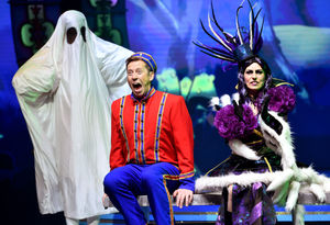 Tam Ryan, as Buttons, and Julie Stark, as the Wicked Stepmother