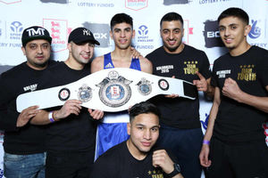 Akash Tuqir with his supporters after claiming a national club title. Picture courtesy of Chris Bevan-England Boxing.