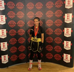 Telford's Ruby Hussain with her gold medal at the Barum Box Cup in Devon