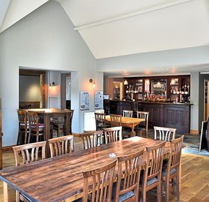 Inside has high ceilings and lots of natural light