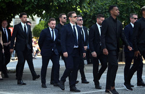 Liverpool's Ryan Gravenberch (right) and Curtis Jones (left) arrive at the funeral of Diogo Jota and Andre Silva being held at Igreja Matriz de Gondomar in the town of Gondomar near Porto. The Liverpool and Portugal forward died along with his younger brother Andre Silva in the accident in Zamora on Thursday morning. Picture date: Saturday July 5, 2025. PA Photo. Photo credit should read: PA Wire.