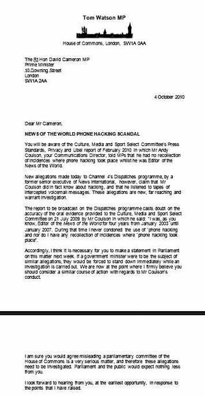 Tom Watson's letter to David Cameron in 2010