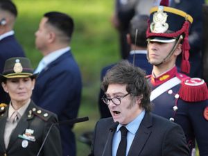 Argentine President Javier Milei speaks during a ceremony commemorating the 43rd anniversary of the conflict between Argentina and Great Britain over the Falkland Islands, known as the Malvinas Islands, at a war memorial in Buenos Aires, Argentina