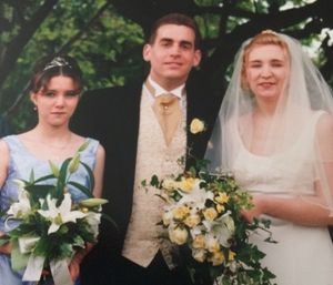 Rebecca Coggins, husband Jonathan and bridesmaid Natalie in 2001