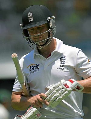 England's Jonathan Trott leaves the field after loseing his wicket to the bowling of Australia's Mitchell Johnson (not pictured)