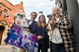 Longstanding former Wem councillor Pauline Dee with her son Julian, granddaughter Mia, and beloved dog Gigi, as Wem Town Hall hosts an exhibition about her 1985/86 mayoral year - and the people she met throughout the term. Photo: Steve Leath