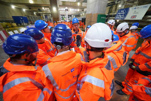 Chief secretary to the Prime Minister Darren Jones (centre) speaking to media at the Atlas Road Tunnelling Office, in London, during a ceremony to switch on the HS2 Tunnelling machine to dig the tunnel from Old Oak Common to Euston. Photo: Yui Mok/PA Wire