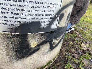 Graffiti on the sculpture, located near the Cartway