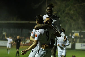 Montel Gibson and Orrin Pendley celebrating with Jordan Piggott (AFC Telford United Defender) after he makes it 2-0 to AFC Telford United (pic Kieren Griffin)
