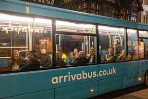 Passengers, including Shrewsbury MP Julia Buckley and the town's mayor Alex Wagner, testing out the night bus trial.