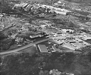 April 1983: The Dudley enterprise zone in foreground (right) with Pedmore Road running from left to right, and the old Round Oak steelworks (top centre).