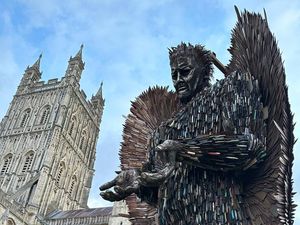 Supporting image for story: Shropshire's poignant Knife Angel makes colourful arrival at cathedral 