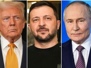 US President Donald Trump, left, Ukraine’s President Volodymyr Zelenskyy, centre, and Russian President Vladimir Putin